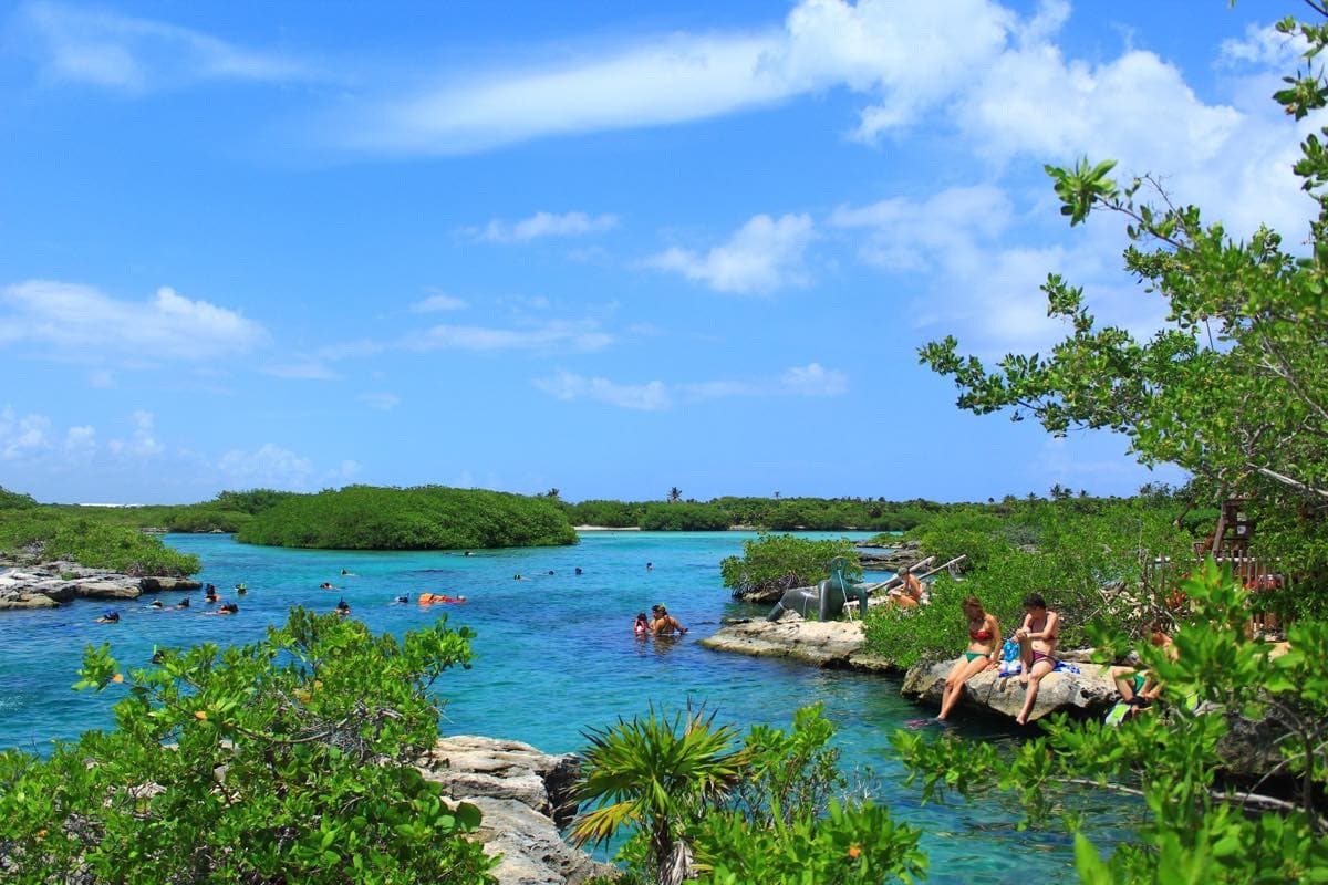 La caleta de Yalkú vista desde el mirador: agua turquesa entre el manglar, con personas haciendo snorkel y otras sentadas en las rocas de la orilla.